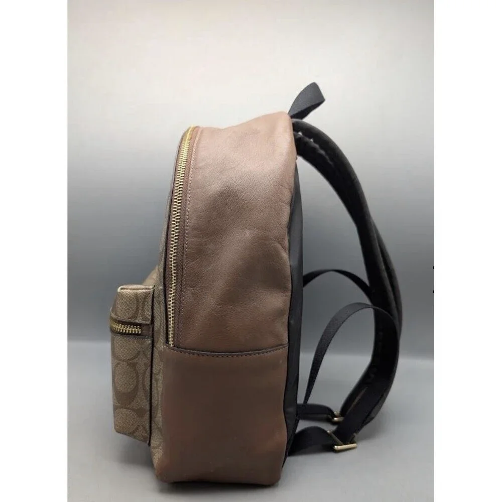 Coach Signature Brown Beige Logo Backpack Zip Closure Inner Outer Pockets